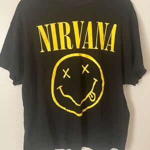 Nirvana Unisex Large Black And Yellow Smiley Face Band Concert  Graphic T-shirt